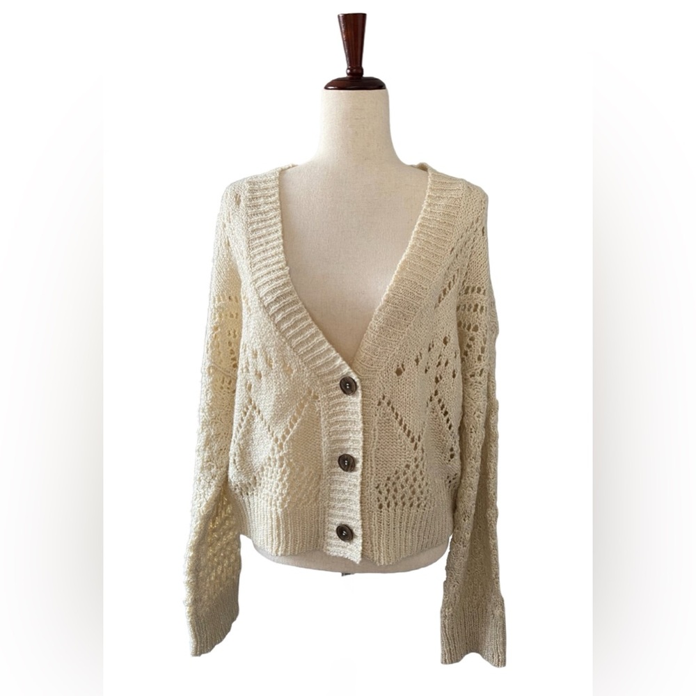 KyeMi  Cream Open Knit Slouchy Sweater Cardigan V-Neck Medium Boho